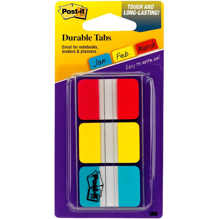 Post-it®, Durable Tabs - 36 Write-on Tab(s) - 1.50" Tab Height x 1" Tab Width - Red, Yellow, Blue Tab(s) - Wear Resistant, Tear Resistant, Repositionable - 1 Pack