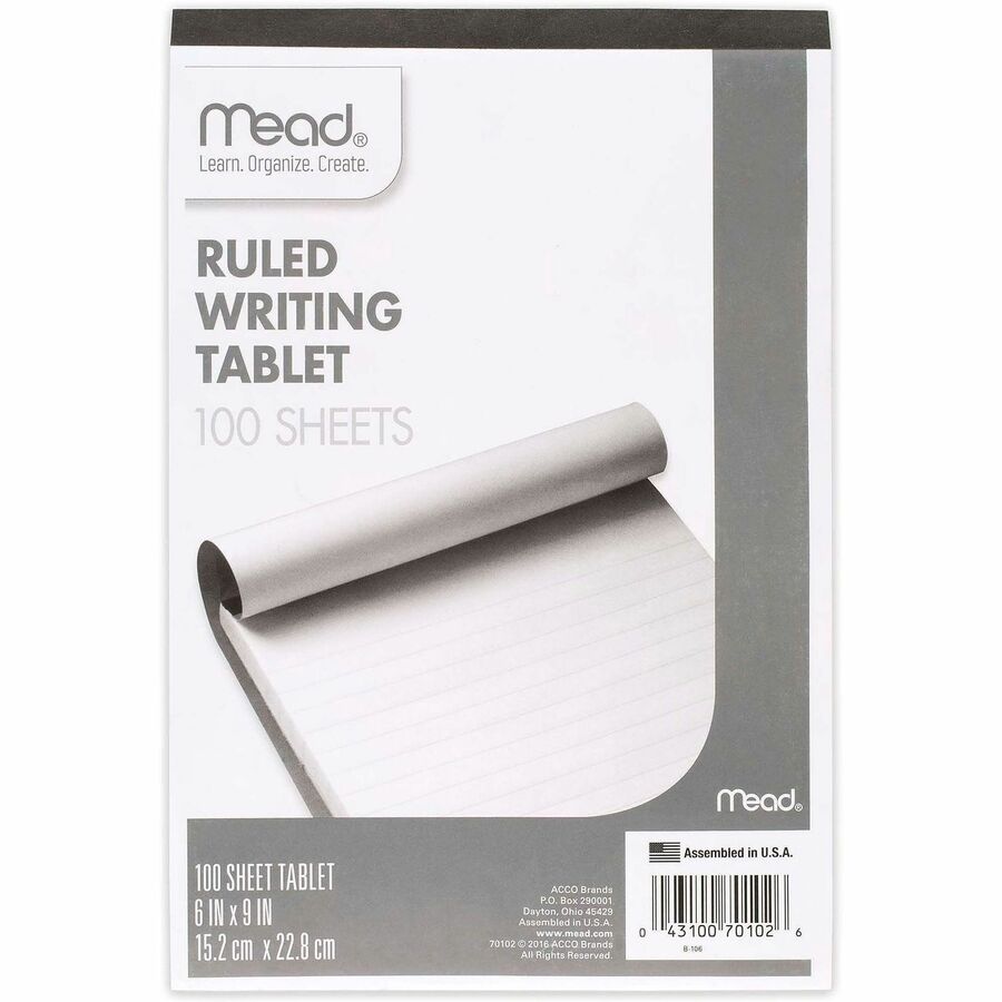 Mead Ruled Writing Tablet - 100 Sheets - Ruled Front Ruling - 20 lb Basis Weight - 6" x 9" Sheet Size - White Paper - 1 Each