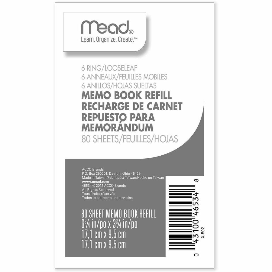 Mead Memo Book Refill Pages - 80 Sheets - 3 3/4" x 6 3/4" Sheet Size - White Paper - Assorted Cover - 1 Each