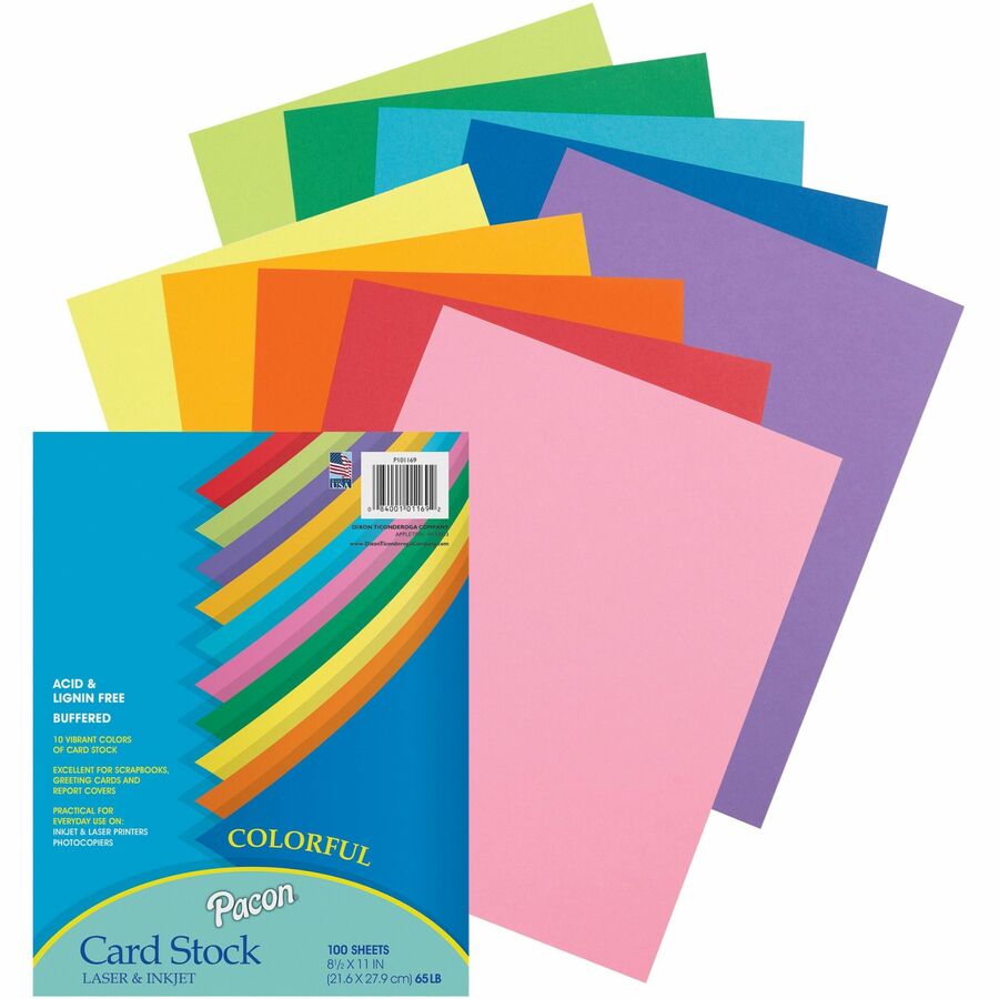 Pacon Colorful Card Stock Sheets - Letter - 8 1/2" x 11" - 65 lb Basis Weight - Sustainable Forestry Initiative (SFI) - Assorted - 100 / Pack