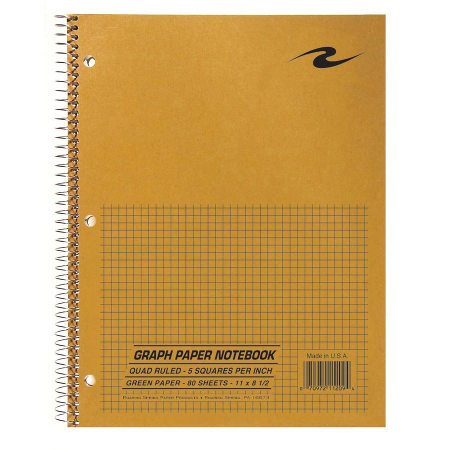 Roaring Spring 5x5 Graph Ruled Spiral Lab Notebook - 80 Sheets - 160 Pages - Printed - Spiral Bound - Both Side Ruling Surface - Quad Ruled Front Ruling - 3 Hole(s) - 15 lb Basis Weight - 56 g/m², Grammage - Letter - 11" x 8 1/2" Sheet Size - 0.30"...
