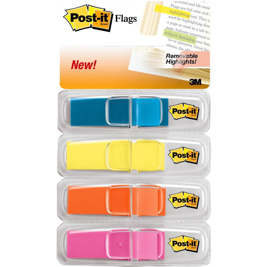 Post-it®, Flags - 1/2" Flag/Note Width x 1 3/4" Flag/Note Length - Rectangle - Unruled - Blue, Pink, Yellow, Orange - Removable, Self-adhesive, Residue-free, Repositionable - Dispenser Included - 4 / Pack