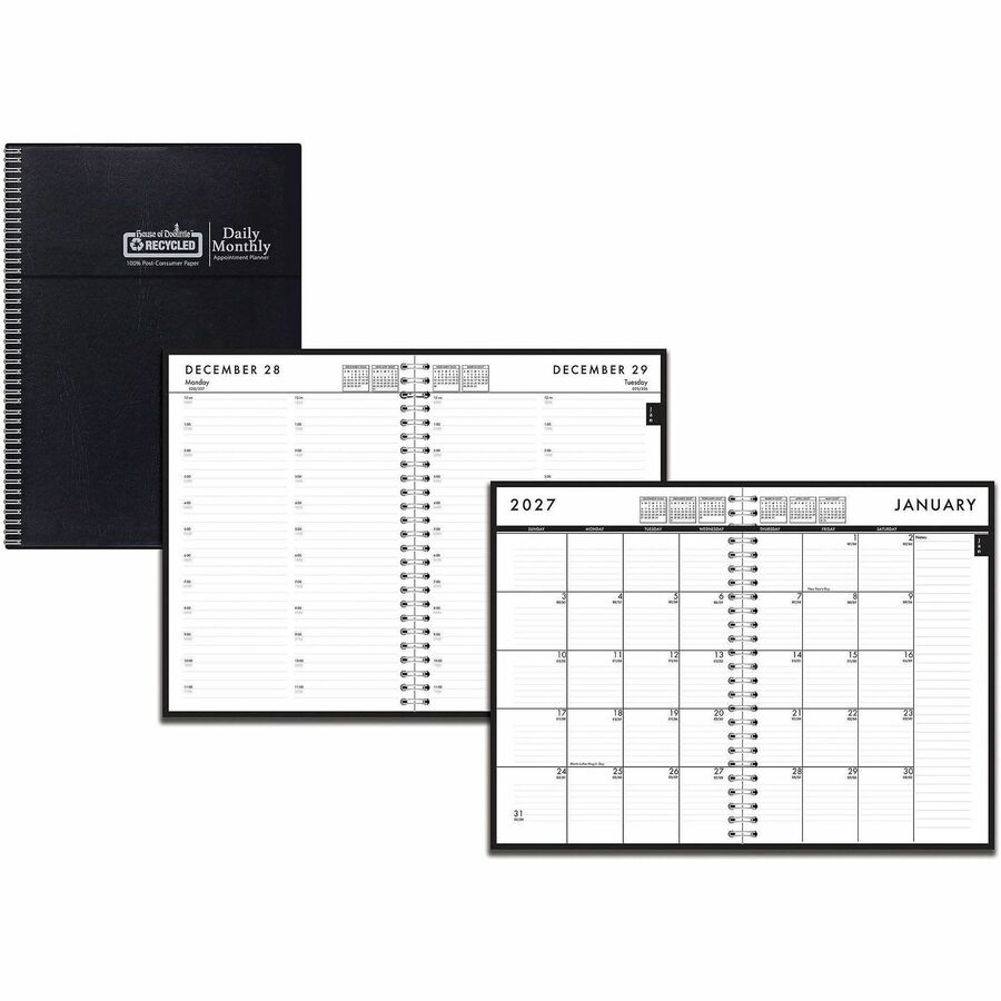 House of Doolittle Recycled Daily/Monthly 24/7 Appointment Planner - Julian Dates - Daily, Monthly - 12 Month - January 2027 to December 2027 - Hourly - 1 Day Single Page Layout - 1 Month Double Page Layout - 7" x 10" Sheet Size - Wire Bound - Leather...