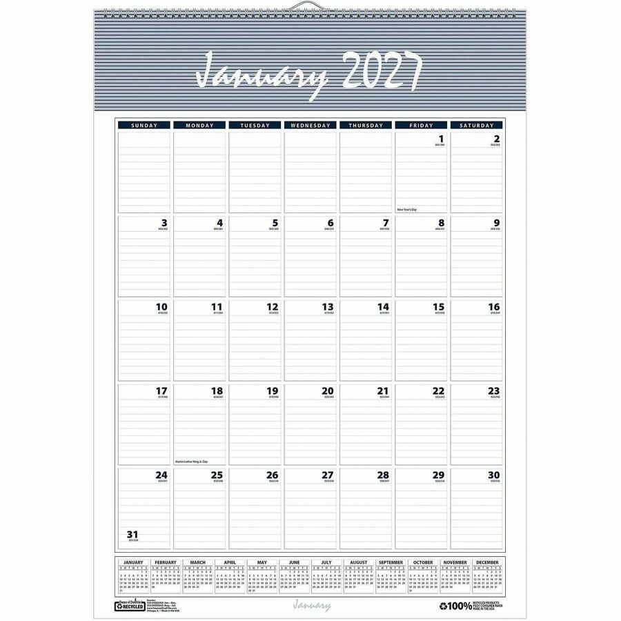 House of Doolittle Bar Harbor 12-Month Wall Calendar - Julian Dates - Monthly - 12 Month - January 2027 to December 2027 - 1 Month Single Page Layout - 8 1/2" x 11" Sheet Size - Blue/Gray Sheet - 1" x 1.25" Block - Wire Bound - Blue, Gray - Paper - 1 Each