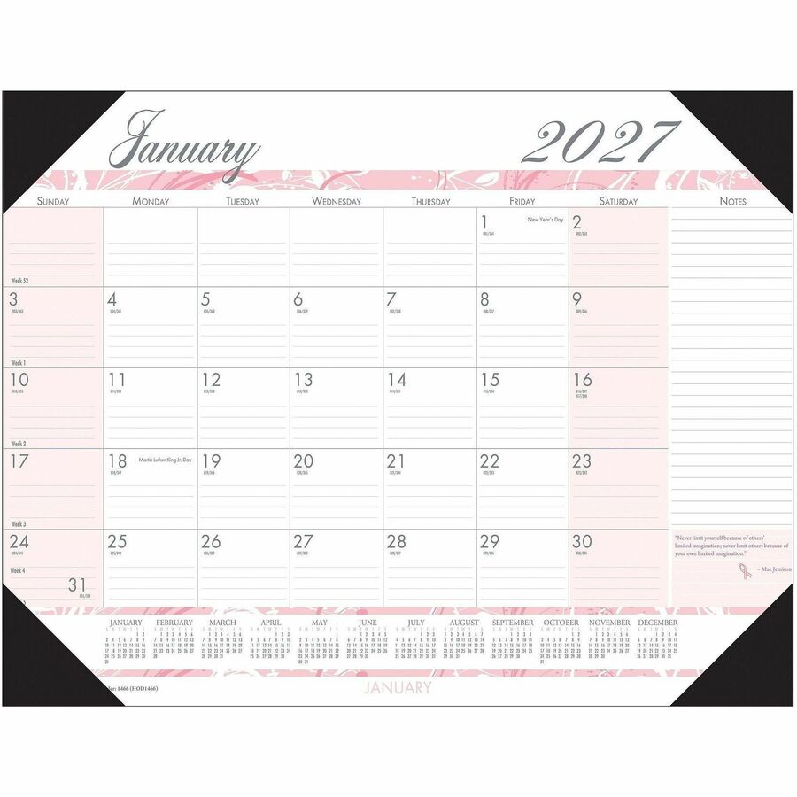 House of Doolittle Breast Cancer Awareness Compact Desk Pad - Julian Dates - Monthly - 12 Month - January 2027 to December 2027 - 1 Month Single Page Layout - 18 1/2" x 13" Sheet Size - 2.12" x 1.75" Block - Desk Pad - Pink - Paper, Vinyl - 1 Each