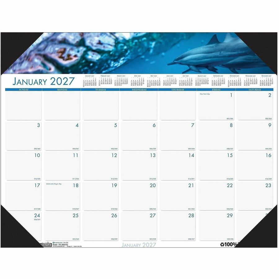 House of Doolittle EarthScapes Sea Life Desk Pads - Julian Dates - Monthly - 12 Month - January 2027 to December 2027 - 1 Month Single Page Layout - 22" x 17" Sheet Size - 2.25" x 3.06" Block - Desk Pad - White - Leatherette, Paper - 1 Each