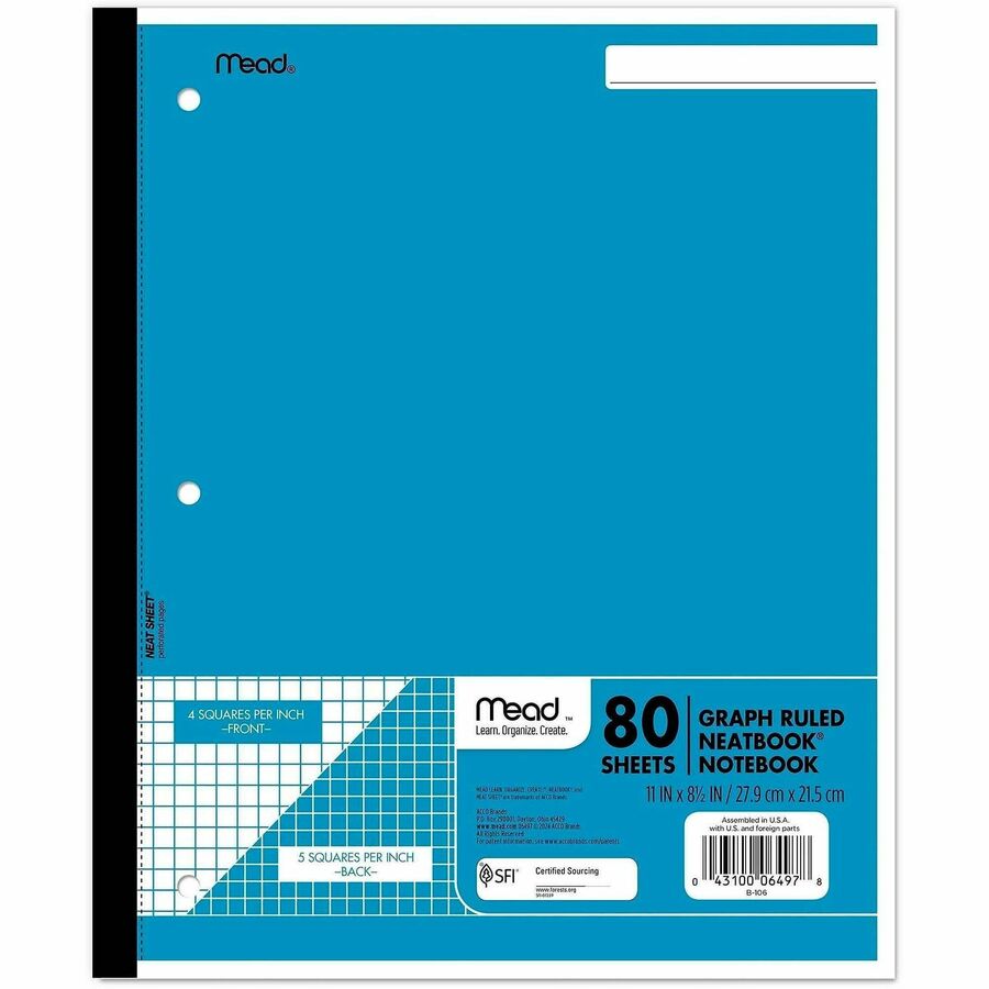 Mead Quad Wireless Neatbook Notebook - Letter - 1 Subject(s) - 80 Sheets - 160 Pages - Perfect Bound - Both Side Ruling Surface - 3 Hole(s) - Letter - 8 1/2" x 11" Sheet Size - 11" Height x 9" Width x 0.3" Depth - White Paper - Perforated, Undated, Dou...