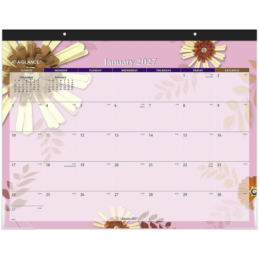 At-A-Glance Paper Flowers Monthly Desk Pad, Standard, 21 3/4" x 17" - Standard - Julian Dates - Monthly - 1 Year - January 2027 to December 2027 - 1 Month Single Page Layout - 21 3/4" x 17" Sheet Size - Purple Sheet - 2.81" x 2.50" Block - Headband - D...
