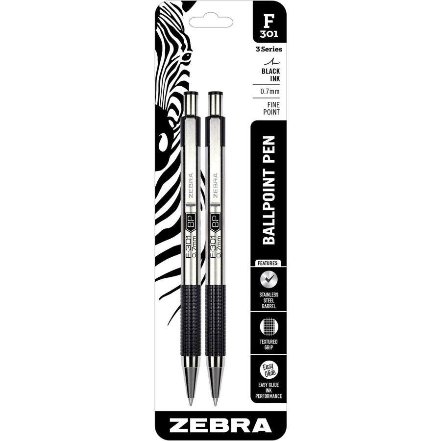 Zebra STEEL 3 Series F-301 Retractable Ballpoint Pen - Refillable - Retractable - Black Ink - Stainless Steel Barrel - 2 / Pack