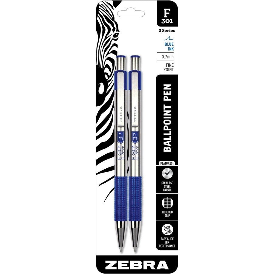 Zebra STEEL 3 Series F-301 Retractable Ballpoint Pen - Refillable - Retractable - Blue Ink - Stainless Steel Stainless Steel, Blue Barrel - 2 / Pack