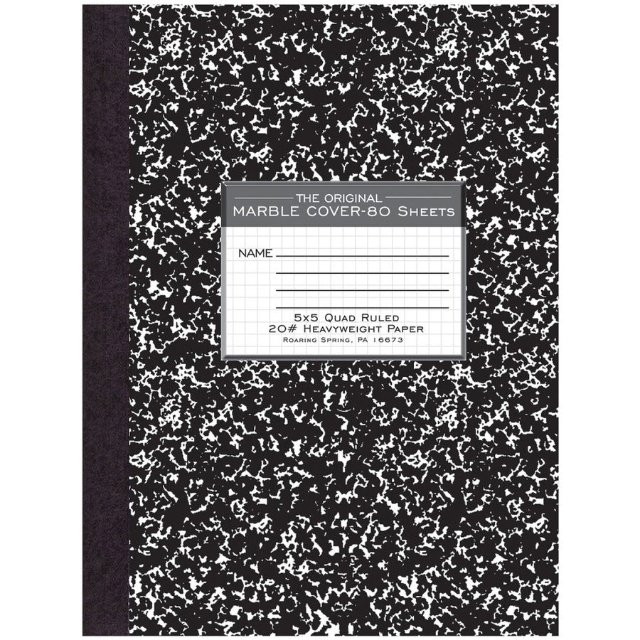 Roaring Spring Black Marble Composition Book - 80 Sheets - 160 Pages - Printed - Sewn/Tapebound - Both Side Ruling Surface - 20 lb Basis Weight - 10 1/4" x 7 7/8" Sheet Size - 0.50" Height x 7.9" Width x 10.3" Length - White Paper - Black Binding - Bla...