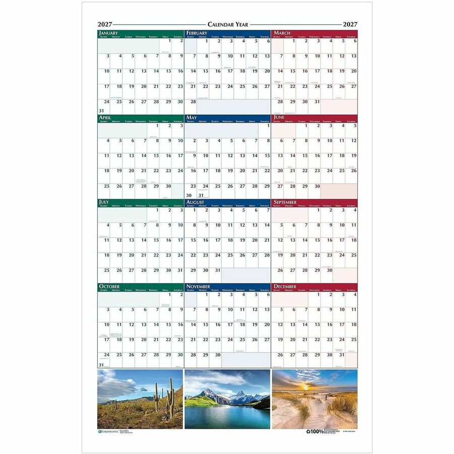 House of Doolittle Earthscapes Scenic Wipe-off Wall Planner - Julian Dates - Yearly - 1 Year - January 2027 to December 2027 - 32" x 48" Sheet Size - 1.13" x 1.38" Block - Multi - Paper - 1 Each