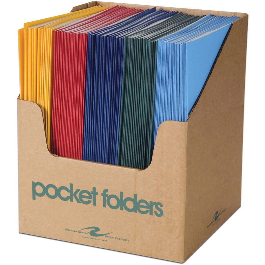 Roaring Spring Letter Pocket Folder - 8 1/2" x 11" - 50 Sheets Capacity - 2 Internal Pocket - 11 pt. - Paper - Assorted - Heavy Duty, Heavyweight, Embossed, Business Card Holder, CD Holder, Unpunched - 100 / Carton