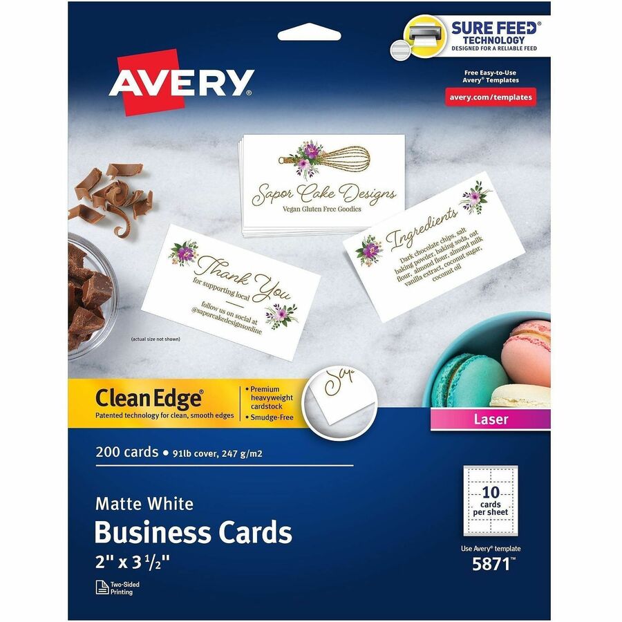 Avery Clean Edge(R) Business Cards, 2" x 3.5" , White, 200 (5871) - 145 Brightness - A4 - 8 1/2" x 11" - 91 lb Basis Weight - 247 g/m², Grammage - Matte - Heavyweight, Rounded Corner, Uncoated, Smooth Edge, Smudge-free, Jam-free, Avery Clean Edge T...