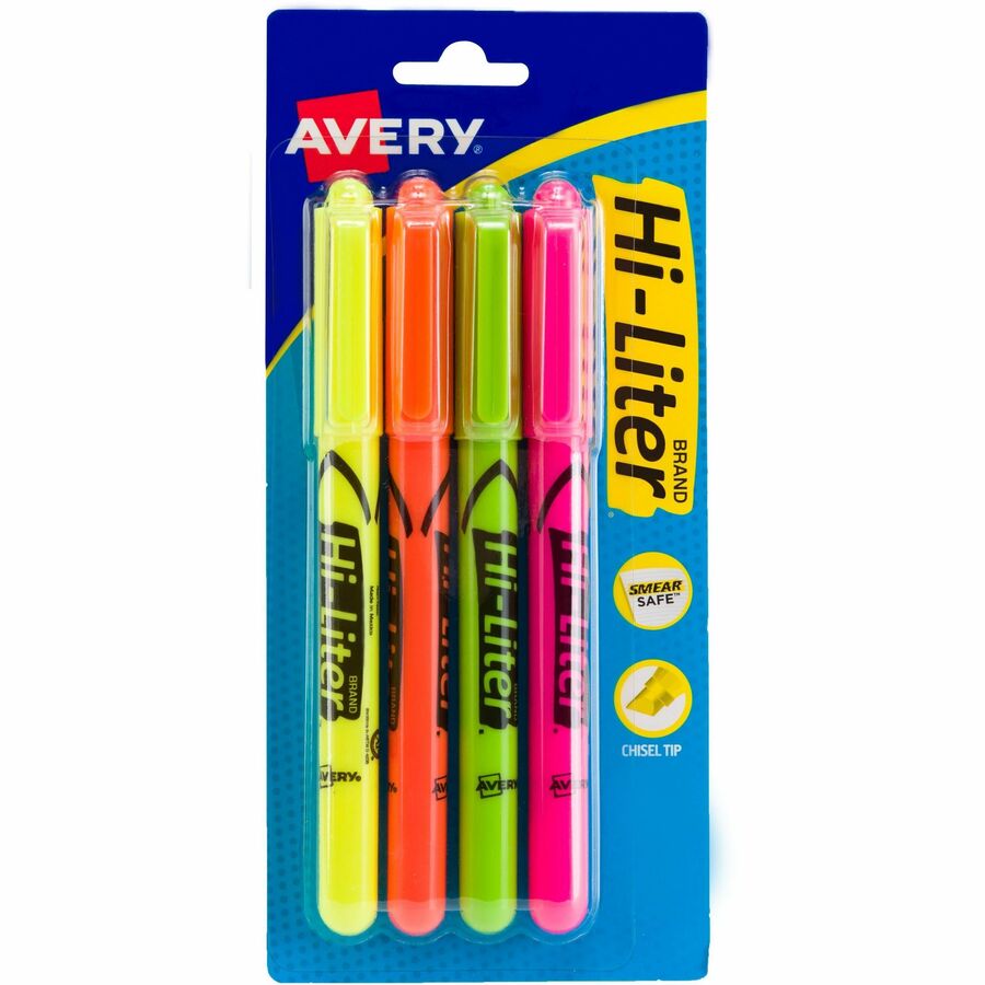Avery®, Hi-Liter(R), Pen-Style, Assorted Colors, 4 Count (23545) - Washable - Fluorescent Yellow, Fluorescent Pink, Fluorescent Orange, Fluorescent Green Ink - Water Based - Fluorescent Yellow, Fluorescent Pink, Fluorescent Orange, Fluorescent Green...