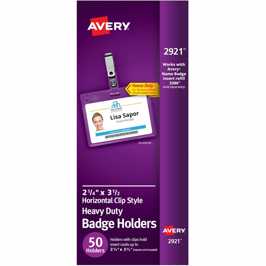 Avery®, Heavy-Duty Badge Holders with Clips - Support 3.50" x 2.25" Media - Landscape - 3.5" Width x 2.3" Length - Polyvinyl Chloride (PVC) - Clear - Reusable, Durable, Top Loading, Secure, Clip-on, Heavy Duty - 50 / Box