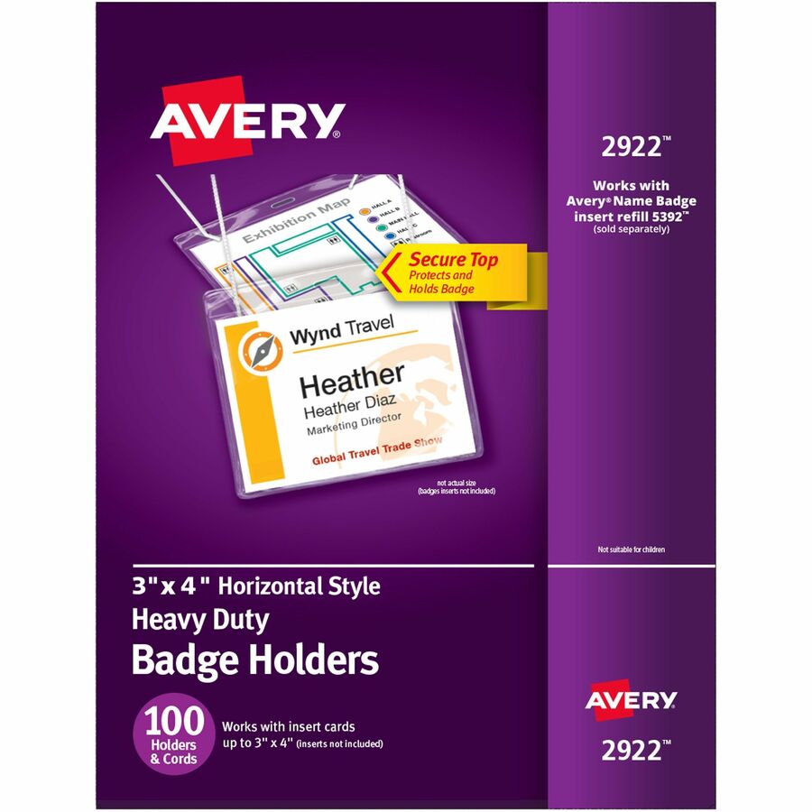 Avery®, Heavy-Duty Hanging-Style Badge Holders - Support 3" x 4" Media - Landscape - Polyvinyl Chloride (PVC) - Clear - Reusable, Durable, Top Loading, Secure, Clip-on, Heavy Duty - 100 / Box