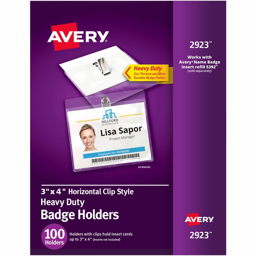 Avery®, Heavy-Duty Clip-Style Badge Holders - Support 3" x 4" Media - Landscape - 4" Width x 3" Length - Polyvinyl Chloride (PVC) - Clear - Reusable, Durable, Top Loading, Secure, Clip-on - 100 / Box