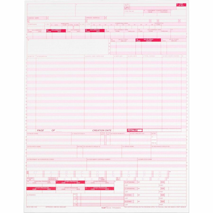 TOPS 1-part UB-04 Laser-cut Forms - 1 Part - 11" x 8.50" Form Size - White - Red Print Color - 2500 / Carton