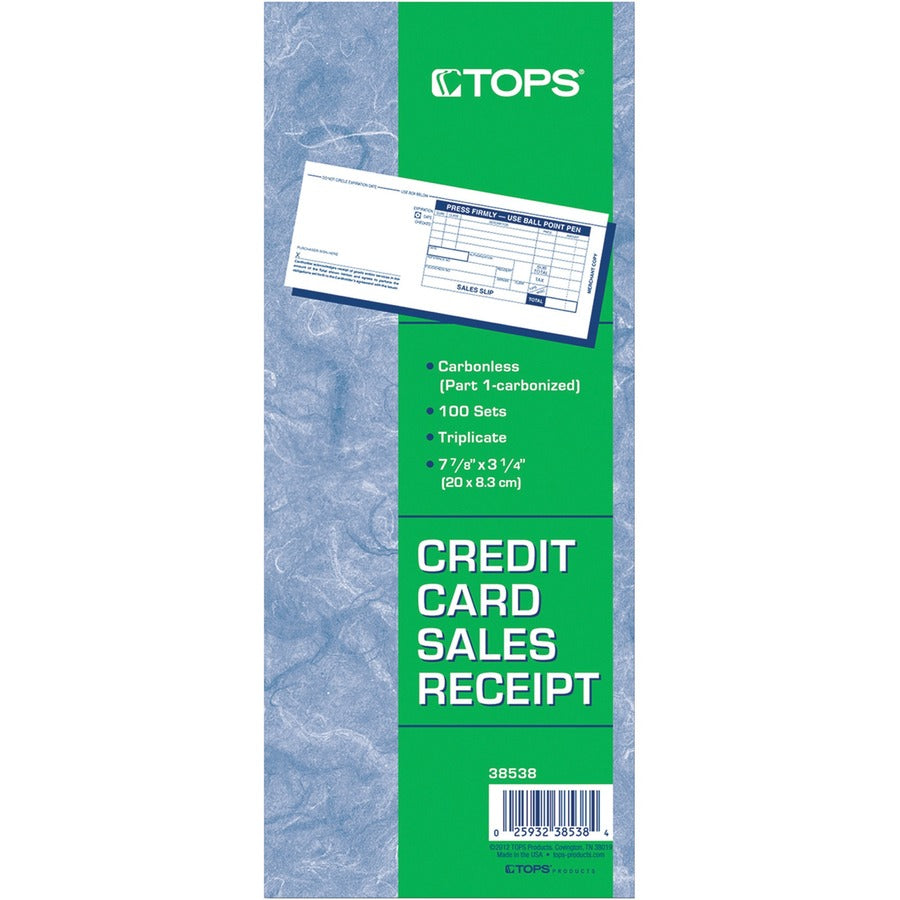 TOPS Credit Card Sales Slip Forms - 15 lb - 3 Part - Carbonless Copy - 3.25" x 7.87" Sheet Size - White Sheet(s) - Blue Print Color - Paper - 100 / Pack