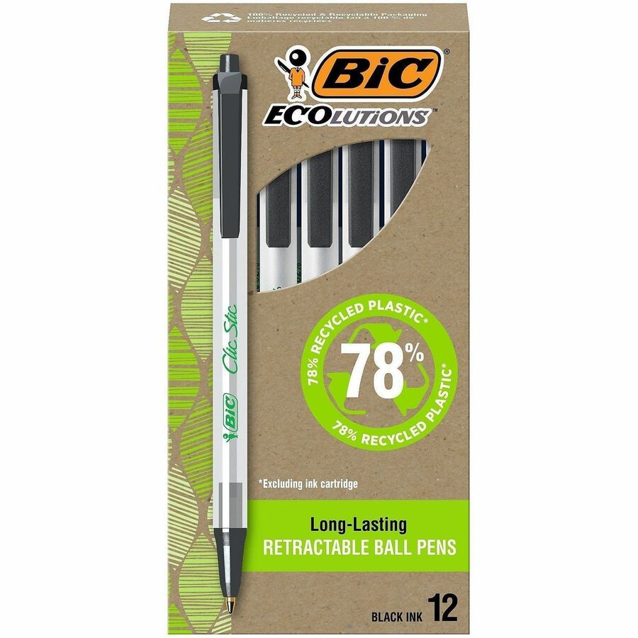 BIC Clic Stic Retractable Ball Pens - Retractable - Black Ink - Clear Barrel - 12 / Dozen