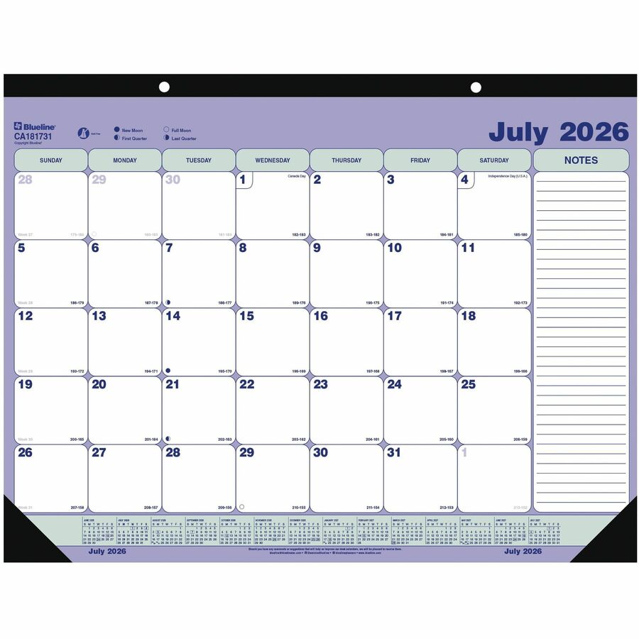 Blueline Monthly Desk Pad, Academic, 13 Months, July to July, English (CA181731) - Academic - Monthly - 13 Month - July 2026 to July 2027 - 1 Month Single Page Layout - 21 1/4" x 16" Sheet Size - 2 x Holes - Desk Pad - Chipboard - 1 Each