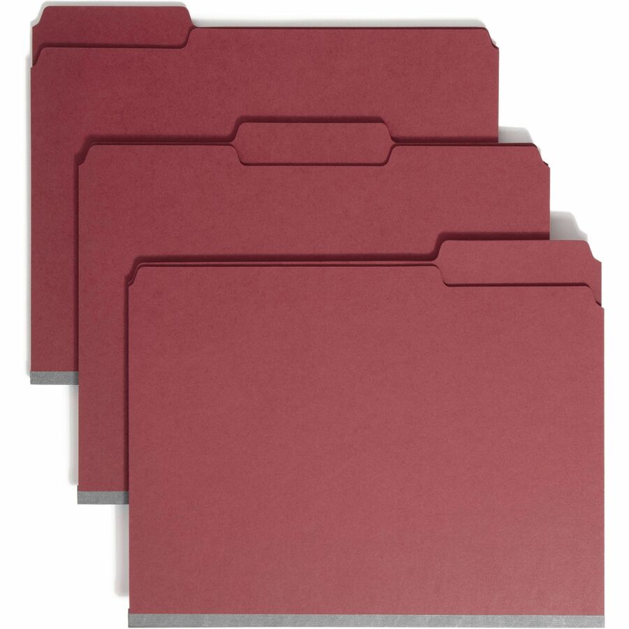 Smead Colored 1/3 Tab Cut Letter Recycled Fastener Folder - 8 1/2" x 11" - 2" Expansion - 2 x 2S Fastener - 2" for Folder - Top Tab Location - Assorted Tab Position - 25 pt. - Pressboard - Bright Red - 50% Recycled - 25 / Box