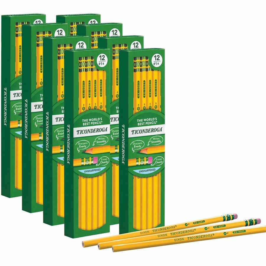 Ticonderoga Wood-Cased Pencils - Black Lead - 2HB - Yellow Barrel - 12 Pencils/Pack - 96 / Pack
