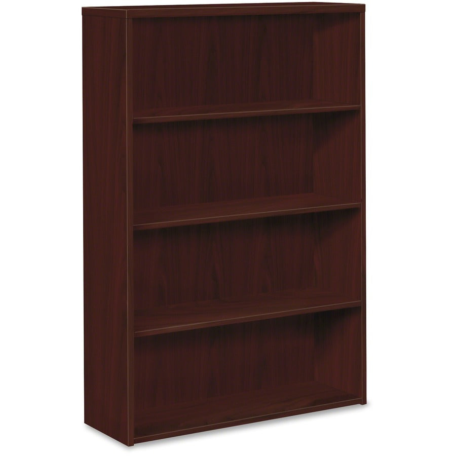 HON 10500 Series Mahogany Laminate Fixed Shelves Bookcase - Rectangle - 58" Height x 36" Width x 13.2" Length - 4 Shelve(s) - Material: Wood - Finish: Mahogany, Laminate - Scratch Resistant, Spill Resistant, Wear Resistant, Leveling Glide, Adjustable L...