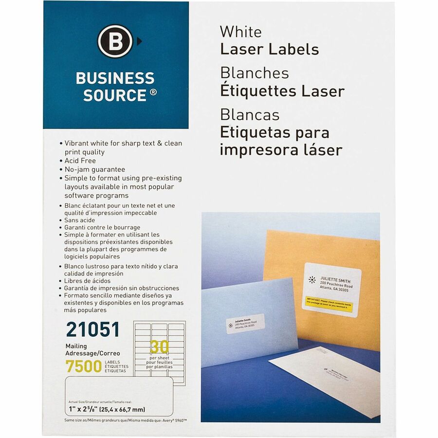 Business Source Bright White Premium-quality Address Labels - 1" Width x 2 5/8" Length - Permanent Adhesive - Rectangle - Laser, Inkjet - White - 30 / Sheet - 250 Total Sheets - 7500 / Pack