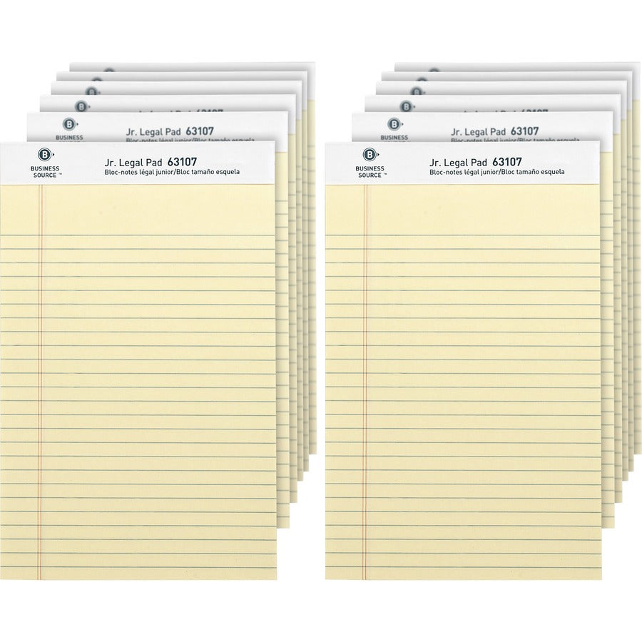 Business Source Writing Pads - 50 Sheets - 0.28" Ruled - 16 lb Basis Weight - Jr.Legal - 8" x 5" Sheet Size - Canary Paper - Micro Perforated, Easy Tear, Sturdy Back - 12 / Dozen