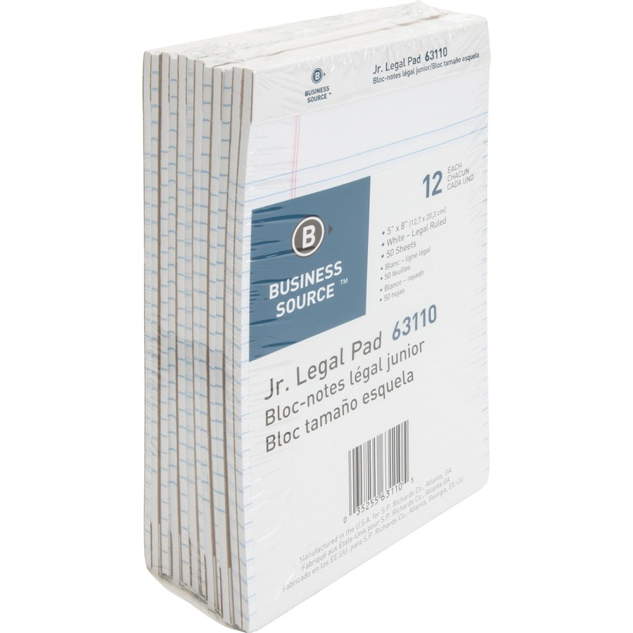 Business Source Writing Pads - 50 Sheets - 0.28" Ruled - 16 lb Basis Weight - Jr.Legal - 8" x 5" Sheet Size - White Paper - Micro Perforated, Easy Tear, Sturdy Back - 12 / Dozen