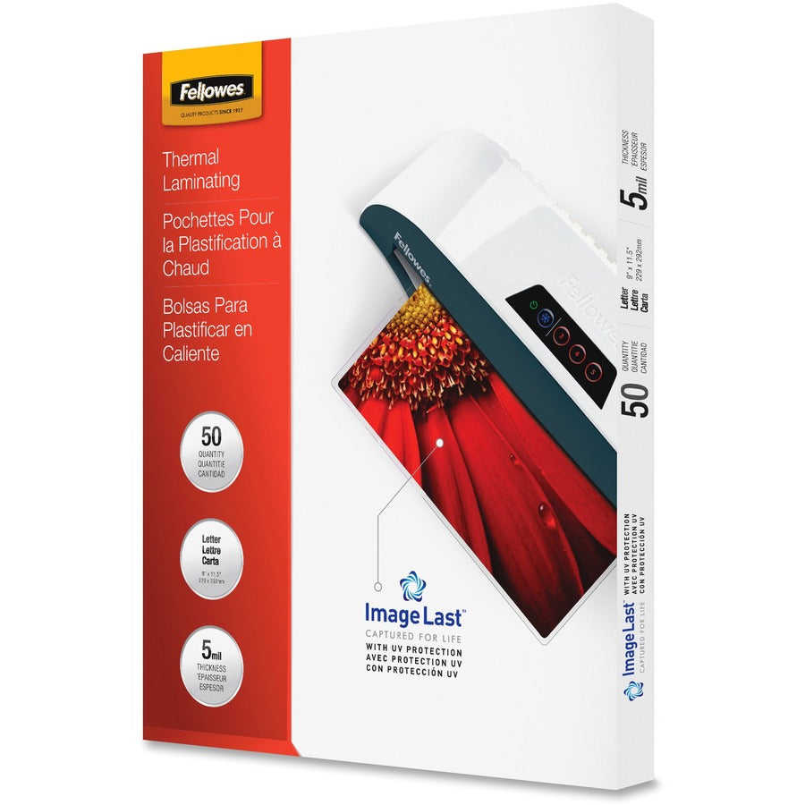 Fellowes ImageLast Jam-Free Thermal Laminating Pouches - Sheet Size Supported: Letter 9" Width x 11.50" Length - Laminating Pouch/Sheet Size: 9" Width x 5 mil Thickness - Type G - Glossy - for Document - Durable, UV Resistant, Fade Resistant, Water Res...