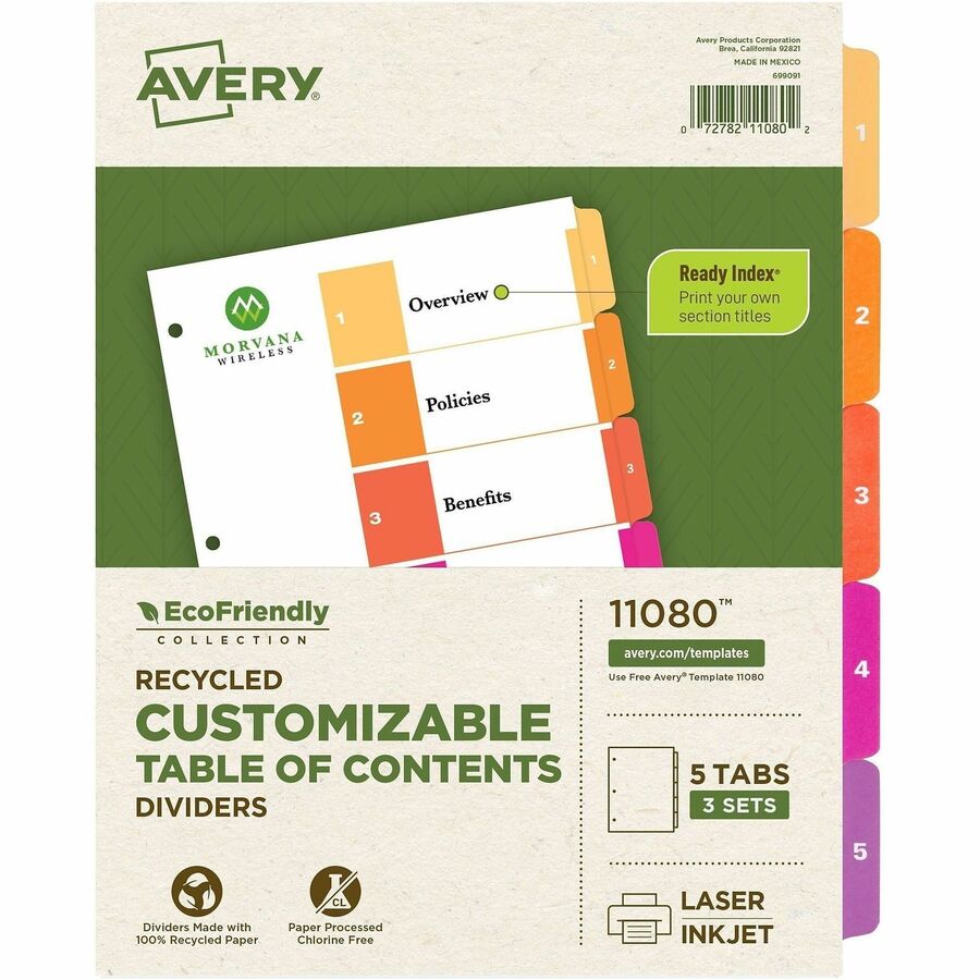 Avery EcoFriendly Recycled Dividers, 5 Tabs (3 Sets of 11080) - 15 x Divider(s) - 15 Tab(s) - Digit - 1-5, Table of Contents - 5 Tab(s)/Set - 8.5" Divider Width x 11" Divider Length - 3 Hole Punched - White Paper Divider - Multicolor Paper Tab(s) - 100...