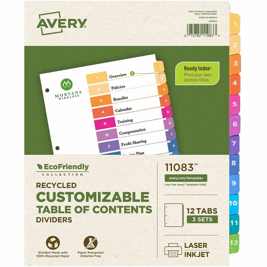 Avery EcoFriendly Recycled Dividers, 12 Tabs (3 Sets of 11083) - 36 x Divider(s) - 36 Tab(s) - Digit - 1-12, Table of Contents - 12 Tab(s)/Set - 8.5" Divider Width x 11" Divider Length - 3 Hole Punched - White Paper Divider - Multicolor Paper Tab(s)...