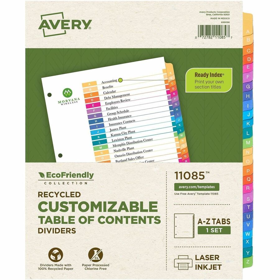 Avery coFriendly Recycled A-Z Dividers, 26 Tabs (11085) - 26 x Divider(s) - 26 Tab(s) - Alphabet - A-Z, Table of Contents - 26 Tab(s)/Set - 8.5" Divider Width x 11" Divider Length - 3 Hole Punched - White Paper Divider - Multicolor Paper Tab(s) - 100%...