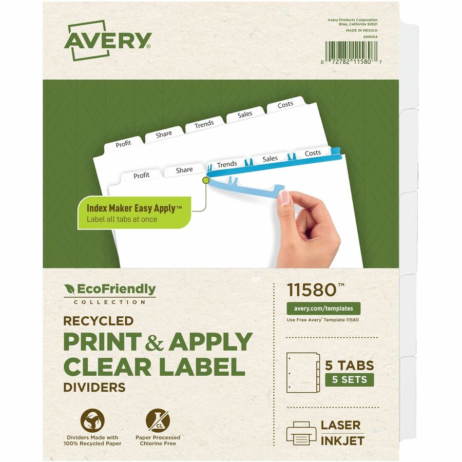 Avery®, Index Maker Index Divider - 25 x Divider(s) - 5 - 5 Tab(s)/Set - 8.5" Divider Width x 11" Divider Length - 3 Hole Punched - White Paper Divider - White Paper Tab(s) - 100% Recycled - Durable, Double-sided, Reinforced Tab, Tear Resistant, Rei...