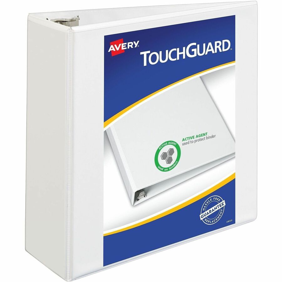 Avery®, TouchGuard View 3 Ring Binder - 4" Binder Capacity - Letter - 8 1/2" x 11" Sheet Size - 760 Sheet Capacity - 760 Ring - Fastener: Slant Ring - Pocket: 4, Internal - Polypropylene - White - Recycled - Adhesive, Antimicrobial, Durable, Heavy D...