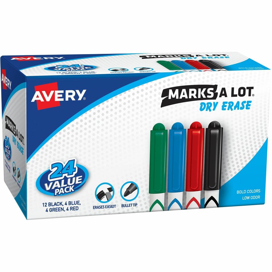 Avery®, Marks A Lot Marks A Lot Dry Erase Markers, Pen-Style, 24 Assorted Markers - Fine Bullet Marker Point - Erasable - Black, Red, Blue, Green Ink - Planner, Calendar, Home, School - 24 / Box