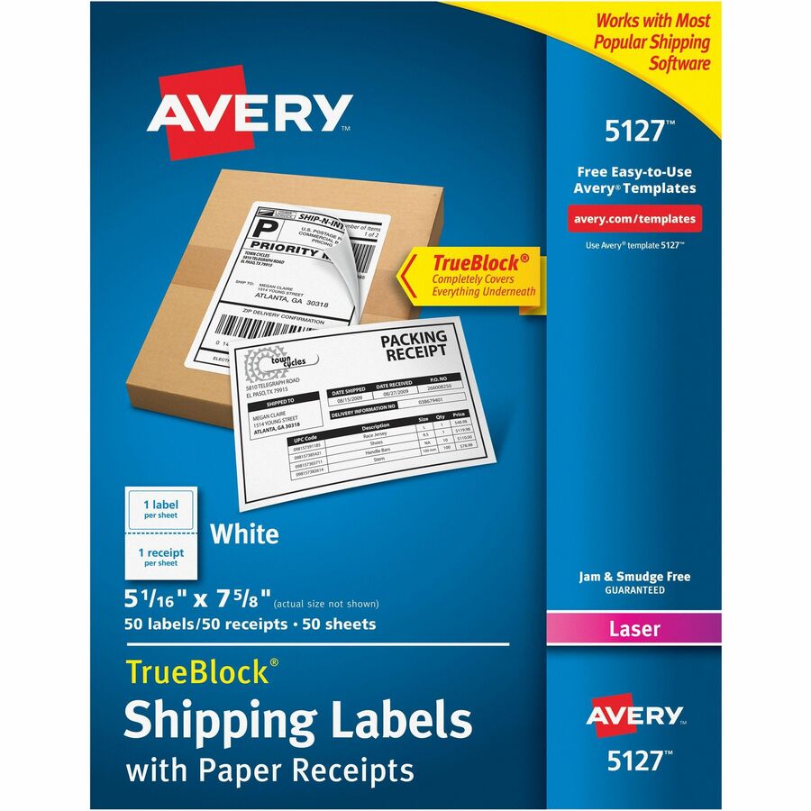 Avery®, Shipping Labels with Receipt, 5-1/16" x 7-5/8" , 50 Labels (5127) - 7 5/8" Length - Permanent Adhesive - Rectangle - Laser - White - Paper - 1 / Sheet - 50 Total Sheets - 50 Total Label(s) - 50 / Pack