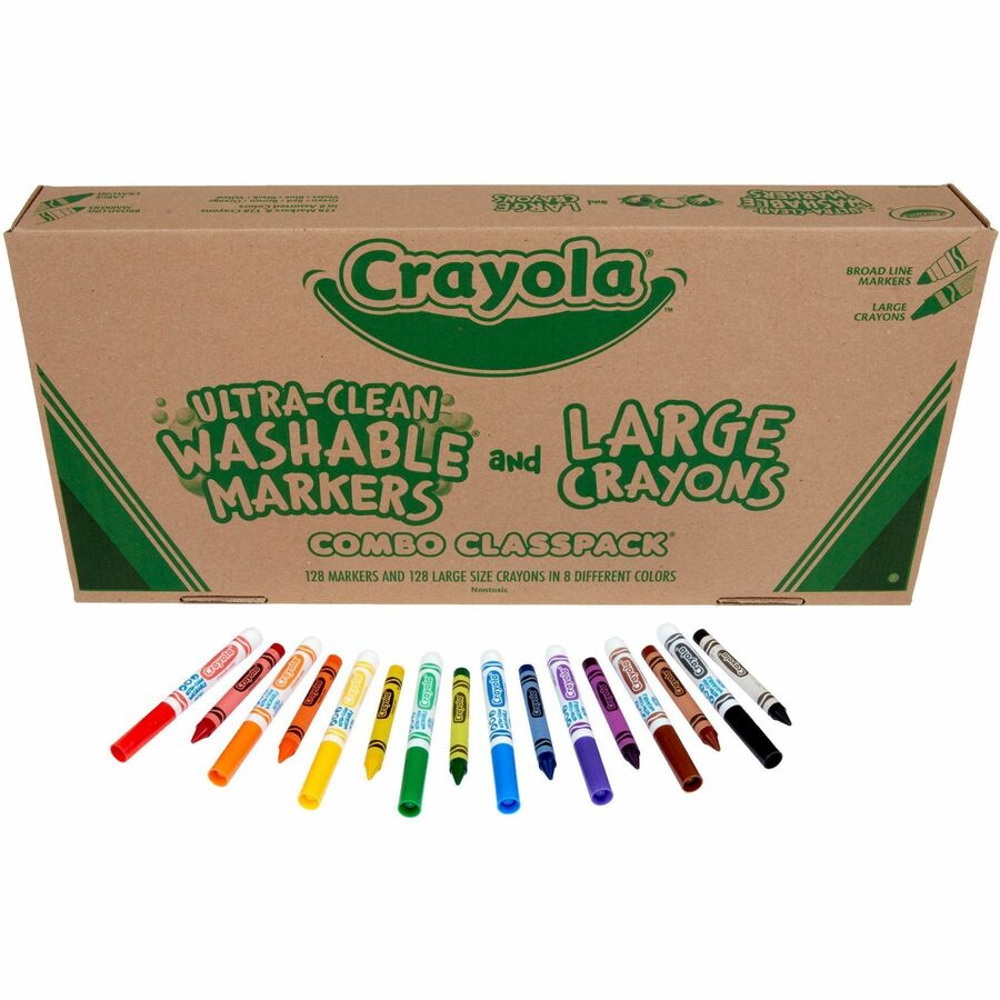 Crayola 8-Color Combo Large Crayon/Washable Marker Classpack - Red, Yellow, Green, Blue, Orange, Violet, Brown, Black Ink - Red, Yellow, Green, Blue, Orange, Violet, Brown, Black Wax - Non-toxic, Washable - 1 Box