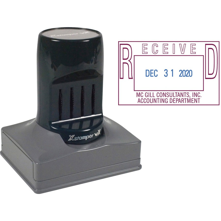 Xstamper VX Pre-inked Message Date Stamp - Date Stamp - REC'D, PAID, ENT'D, FAXED - 1.38" Impression Width x 2.18" Impression Length - 1 Each