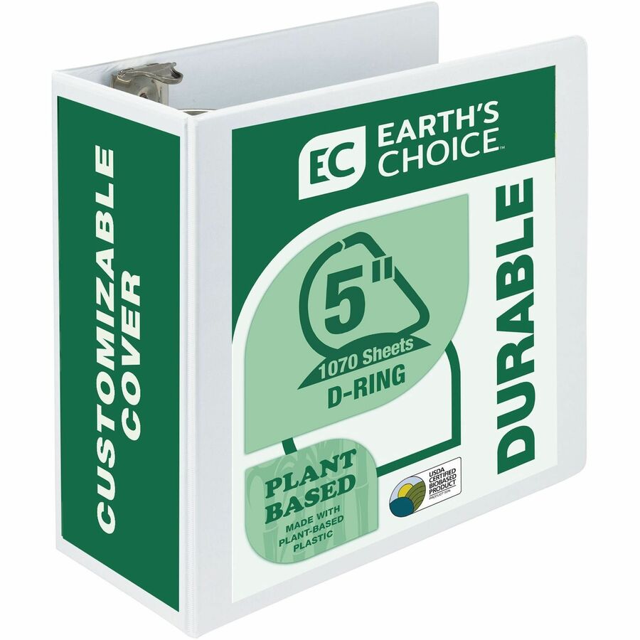 Samsill Earth's Choice Plant-based Durable View Binder - 5" Binder Capacity - Letter - 8 1/2" x 11" Sheet Size - 1070 Sheet Capacity - Fastener: D-Ring - Pocket: 2 - Plastic, Chipboard - White - 1.76 lb - Recycled - Archival-safe, Clear Overlay, Lockin...