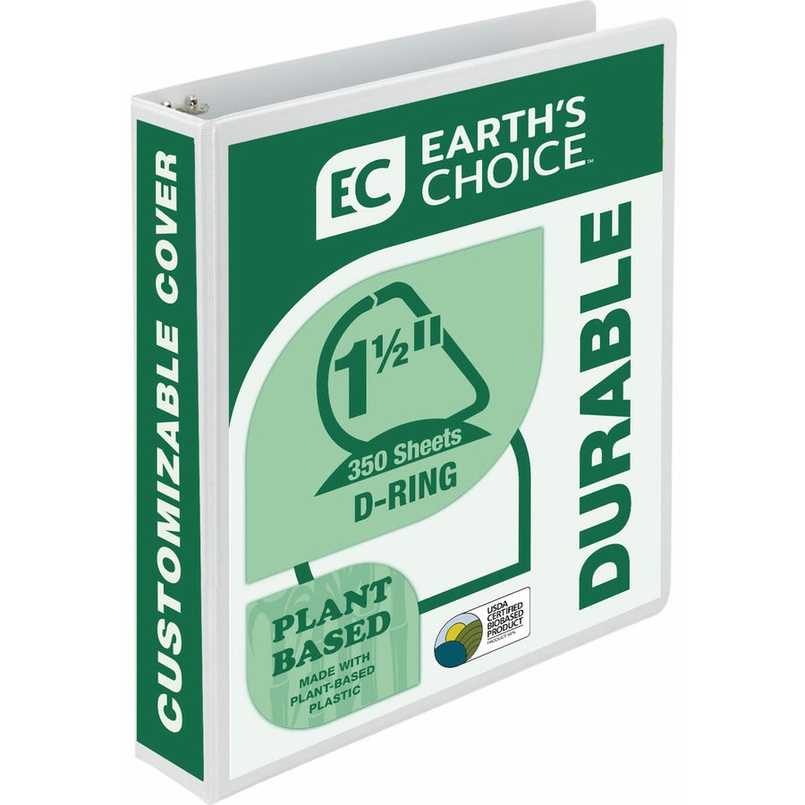 Samsill Earth's Choice Plant-based Durable View Binder - 1 1/2" Binder Capacity - Letter - 8 1/2" x 11" Sheet Size - 350 Sheet Capacity - Fastener: D-Ring - Pocket: 2 - Plastic, Chipboard - White - 1.07 lb - Recycled - Archival-safe, Clear Overlay, PVC...