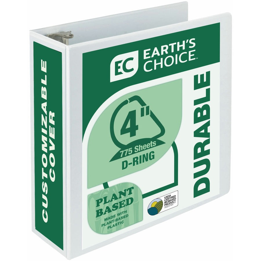 Samsill Earth's Choice Plant-based Durable View Binder - 4" Binder Capacity - Letter - 8 1/2" x 11" Sheet Size - 775 Sheet Capacity - Fastener: D-Ring - Pocket: 2 - Plastic, Chipboard - White - 1.45 lb - Recycled - Archival-safe, Clear Overlay, Reusabl...