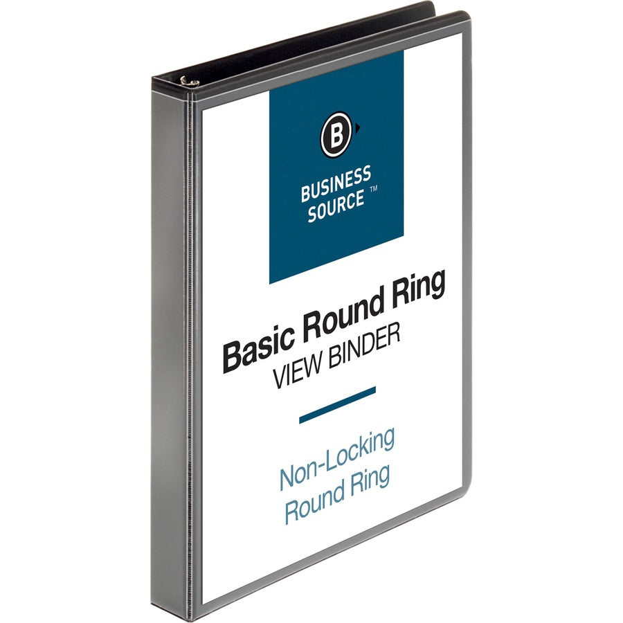 Business Source Round-ring View Binder - 1" Binder Capacity - Letter - 8 1/2" x 11" Sheet Size - 225 Sheet Capacity - Fastener: Round Ring - Pocket: 2, Internal - Polypropylene, Chipboard - Black - Wrinkle-free, Gap-free Ring, Clear Overlay, Non Lockin...