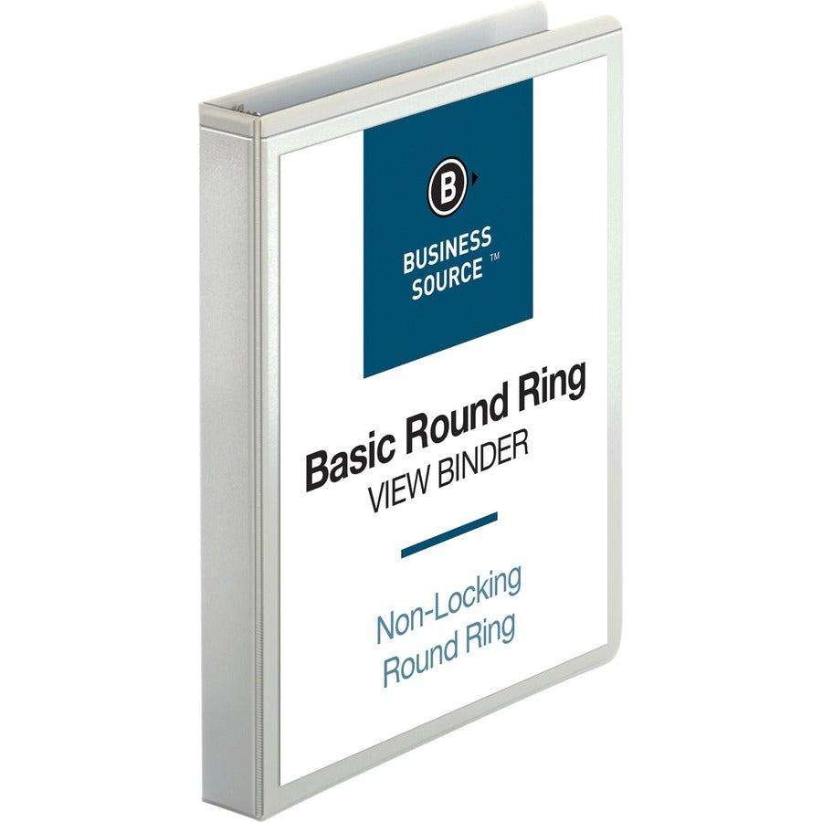 Business Source Round-ring View Binder - 1" Binder Capacity - Letter - 8 1/2" x 11" Sheet Size - 225 Sheet Capacity - Fastener: Round Ring - Pocket: 2, Internal - Polypropylene, Chipboard - White - Wrinkle-free, Gap-free Ring, Clear Overlay, Non Lockin...