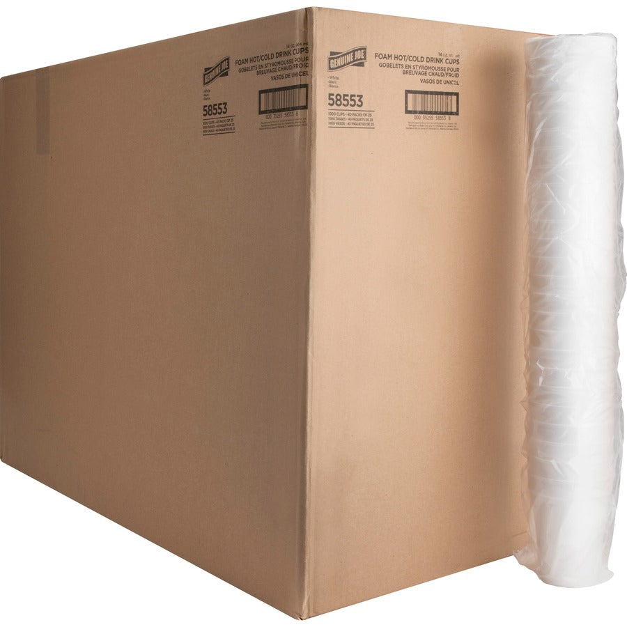 Genuine Joe 14 oz Hot/Cold Foam Cups - 14 fl oz - White - Foam - Hot Drink, Cold Drink - 25 Cups/Pack - 40 / Carton