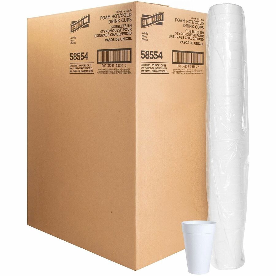 Genuine Joe 16 oz Hot/Cold Foam Cups - 16 fl oz - White - Foam - Hot Drink, Cold Drink - 25/Pack - 20 / Carton