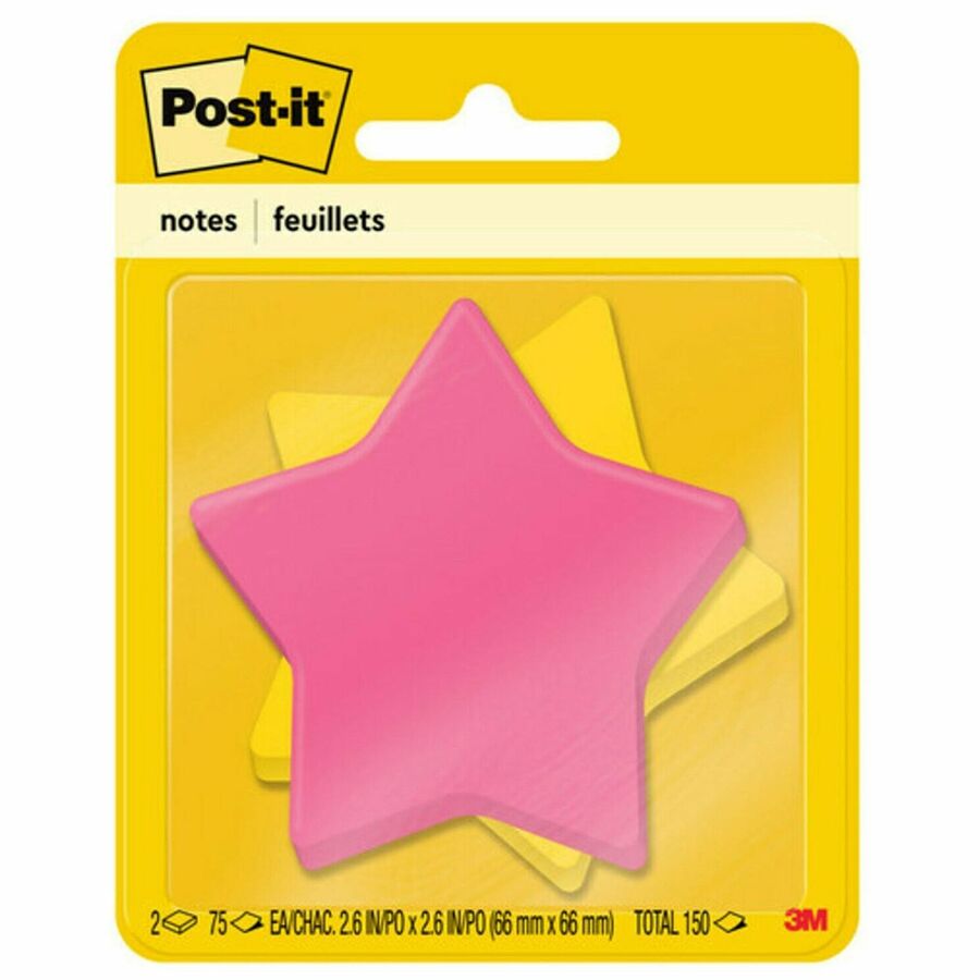 Post-it®, Super Sticky Die-Cut Notes - 150 - 3" Flag/Note Width x 3" Flag/Note Length - Star - 75 Sheets per Pad - Unruled - Yellow, Pink - Self-adhesive - 1 Pack
